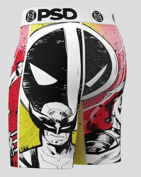 PSD boxer briefs featuring black and white comic-style illustrations of Deadpool and Wolverine with red and yellow accent pan