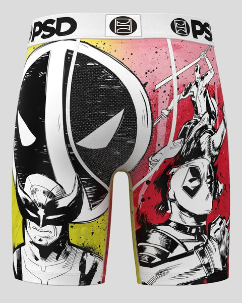 PSD underwear shorts featuring Deadpool and Wolverine comic-style illustrations in red, yellow, black, and white.