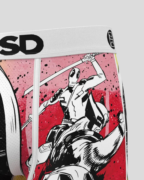 Deadpool character in white suit with katana swords raised above head on pink and red splattered background with black ink de