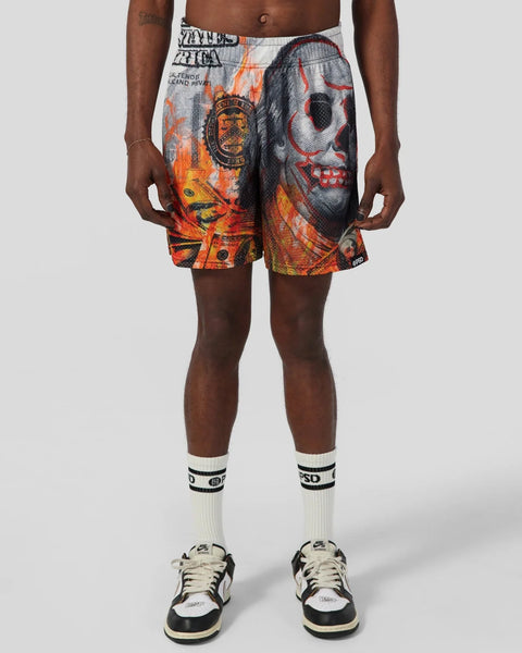 Men's athletic shorts with skull and flame graphic print in orange, black, and gray tones.