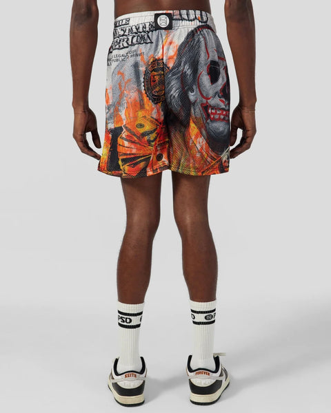 Men's active shorts with graphic skull and flame print in orange, black, and gray with branded waistband.