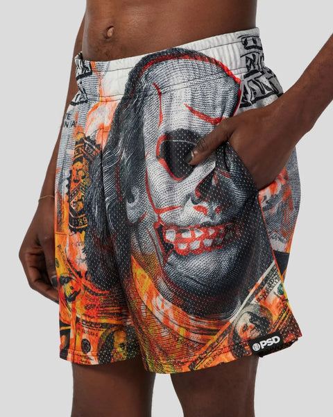 Men's athletic short with skull graphic print in gray, red, orange, and black featuring side pockets and elastic waistband.