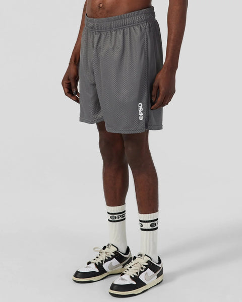 Charcoal mesh athletic shorts with elastic waistband and small logo on thigh.
