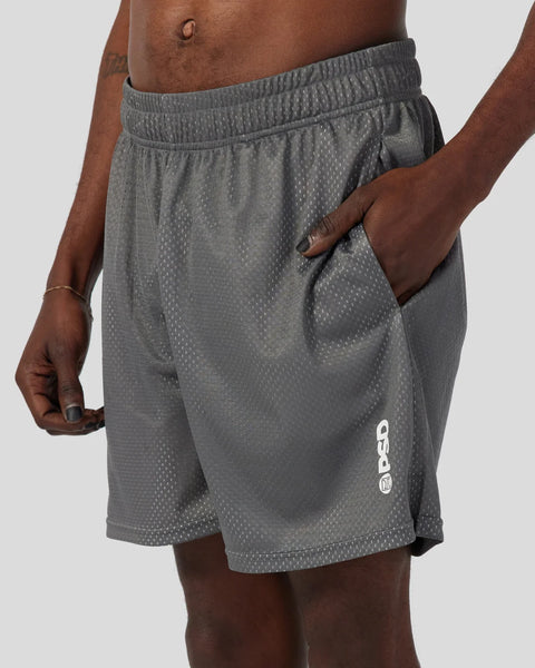 Charcoal gray active shorts with textured mesh fabric, elastic waistband, side pockets, and small logo on leg.