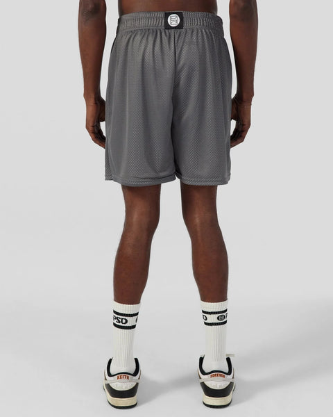 Charcoal mesh shorts with elastic waistband and circular logo patch, displayed on model wearing white socks and sneakers.