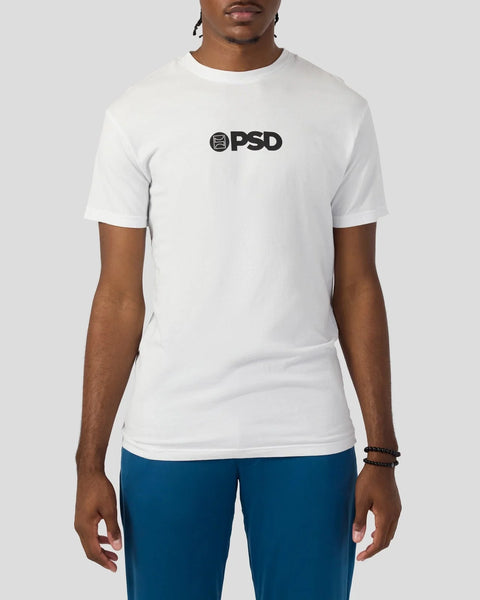 White short-sleeve t-shirt with black PSD logo printed on chest.