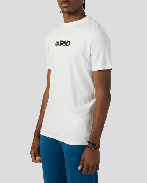 White crew neck t-shirt with PSD logo printed on chest.