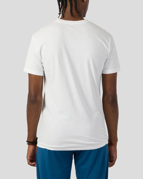 White short-sleeve t-shirt with crew neck, shown from back view on model wearing blue shorts.