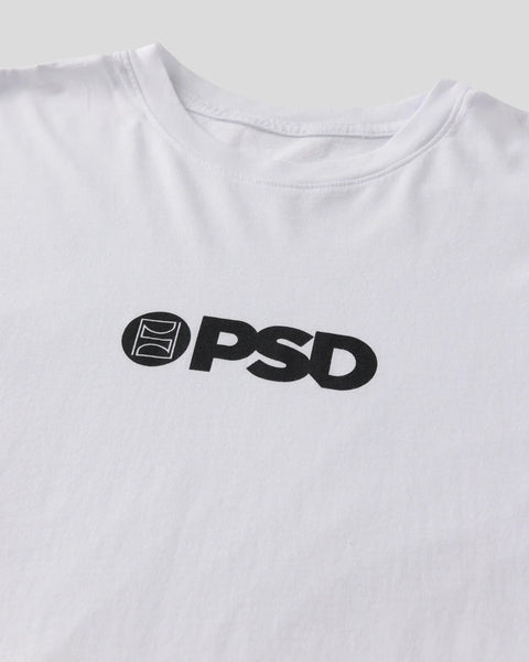 White t-shirt with black PSD logo and geometric icon on chest.
