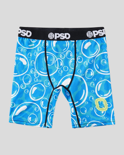 Blue and white bubble-patterned shorts with black PSD waistband and black seams.