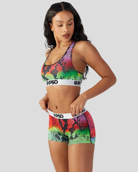 Rainbow snake-scale print sports bra and shorts set with white PSD waistbands.