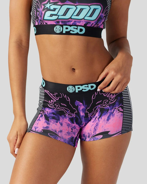PSD sports bra and shorts set with purple and pink tie-dye design and black elastic waistbands.