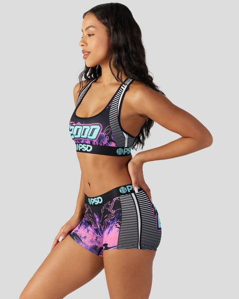 Black sports bra and shorts set with neon blue and purple graphic print, striped sides, and PSD branding.