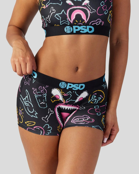 Black PSD underwear with colorful neon monster graphic print and blue logo waistband.