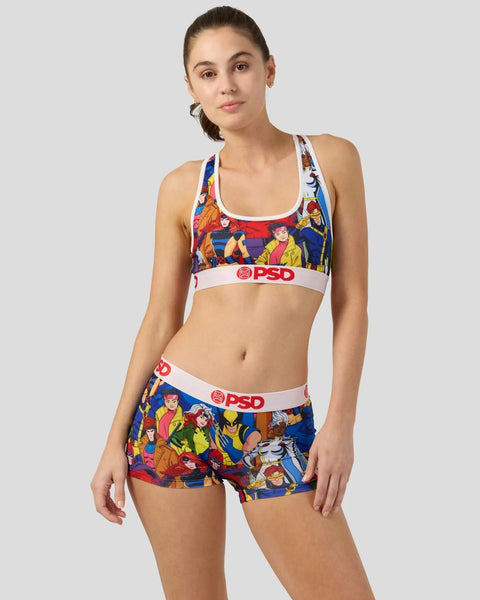 Sports bra and shorts set with X-Men characters on multicolor background and white PSD waistband.
