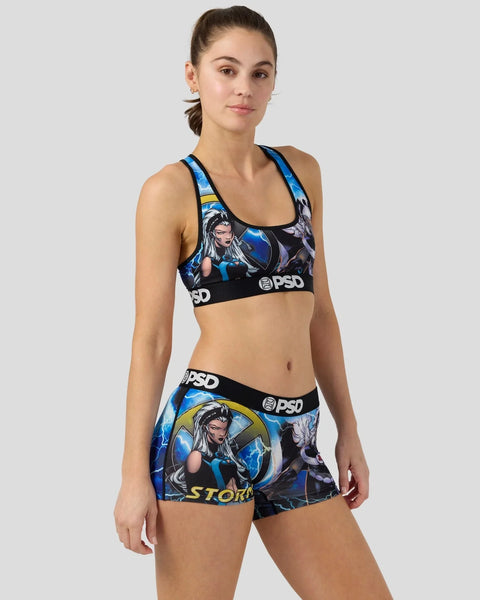 Storm character sports bra and shorts set with blue lightning bolt design and PSD branding.