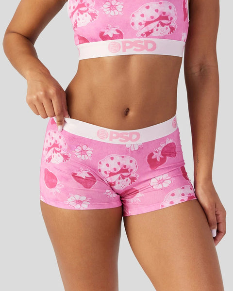 Pink velour bra and shorts set with strawberry and flower print and white PSD branding.