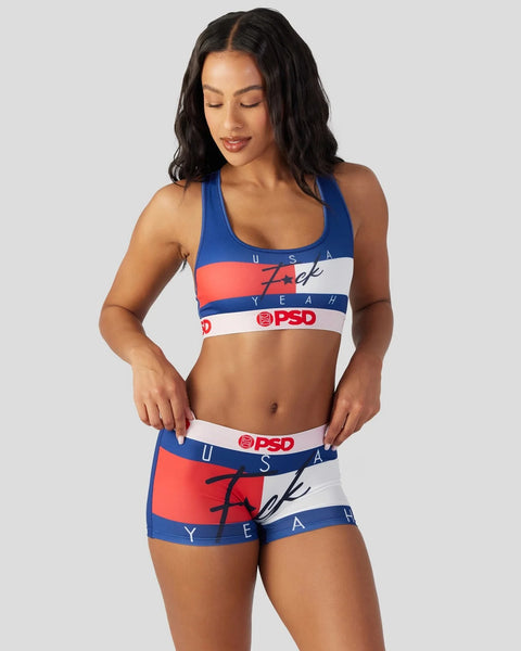 Women's sports bra and shorts set with red, white, and blue stripes and PSD branding.