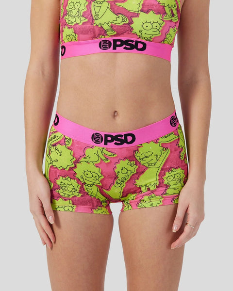 Lime green and pink Simpsons character print bra and boyshort set with PSD branding.