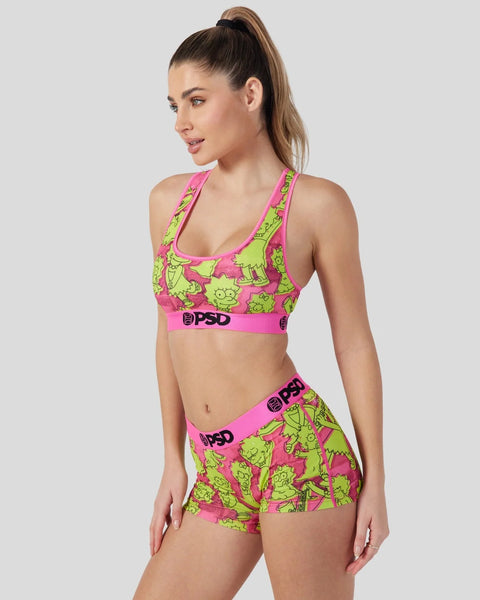 Pink and lime green two-piece set with Simpsons character print and PSD branding on elastic bands.
