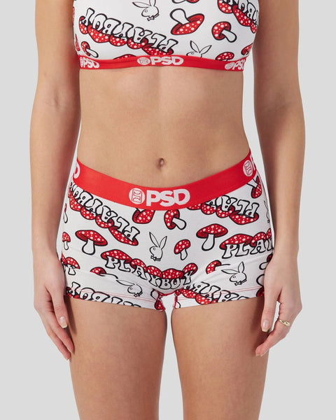White and red mushroom print bra and boyshort set with Playboy branding and red elastic band.