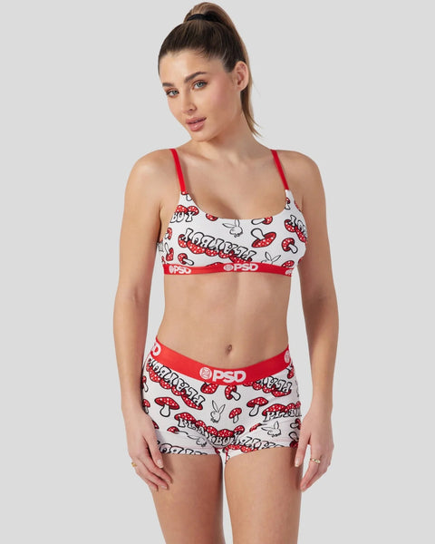Modal bra and boyshort set with red mushroom print and red straps.