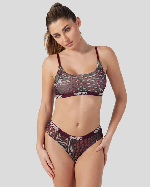 Woman wearing burgundy cheetah print mesh bra and briefs set with branded waistband.