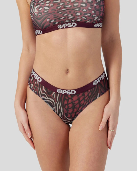 Burgundy and gray cheetah print mesh bralette and briefs with PSD branding on elastic bands.