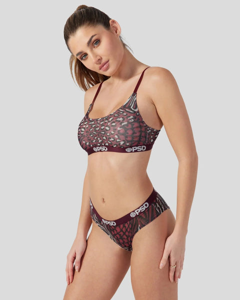 Burgundy and gray mesh cheetah print sports bra and brief set with PSD branding.