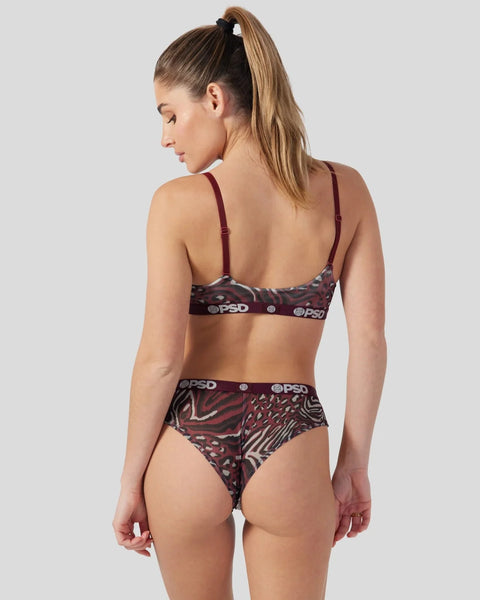 Woman wearing burgundy and black cheetah print mesh bra and briefs with PSD branding.