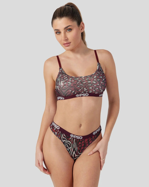 Two-piece mesh bralette and brief set with cheetah print pattern and PSD waistband in burgundy and gray tones.