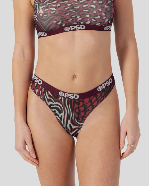 Mesh sports bra and thong set with cheetah print pattern in burgundy, gray, and cream with PSD branding.