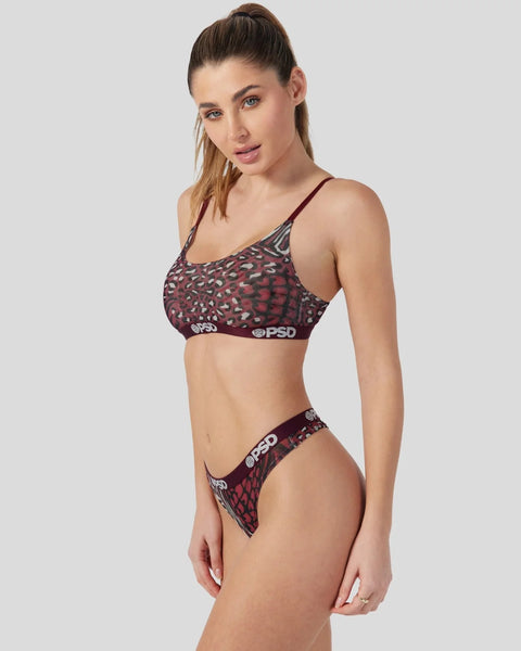 Mesh bralette and thong set in burgundy with cheetah print pattern and branded waistband.
