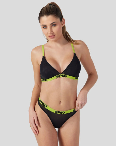 Black mesh bralette and brief set with neon yellow straps and waistband.