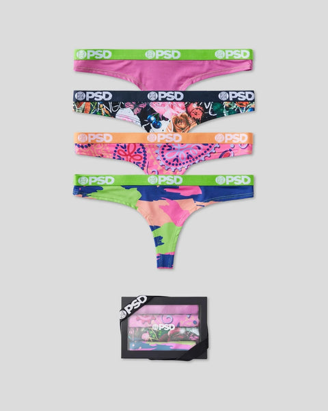 Four PSD brand briefs in pink, floral, and neon color patterns with elastic waistbands, displayed with packaging box.