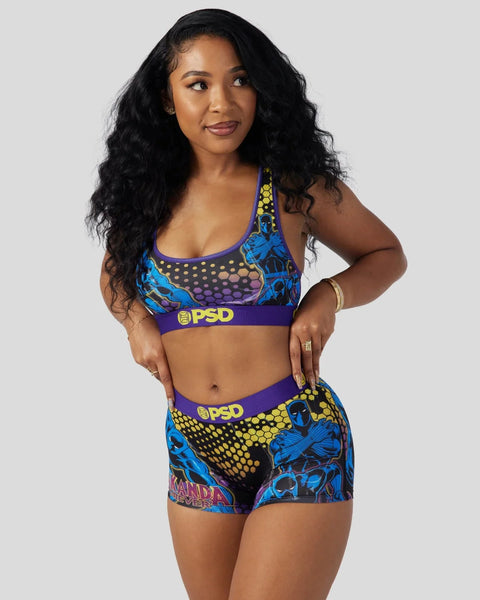 Women's Black Panther sports bra and shorts set with blue, yellow, and black graphic print and PSD branding.