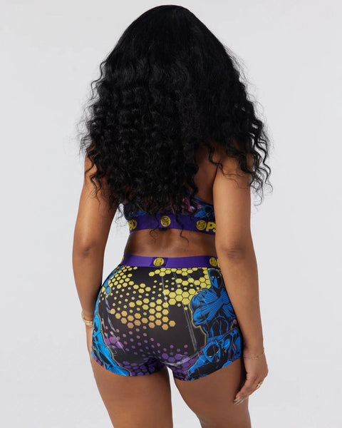 Black Panther two-piece swimsuit set with purple waistband, yellow dot pattern, and blue graphic print on black shorts.