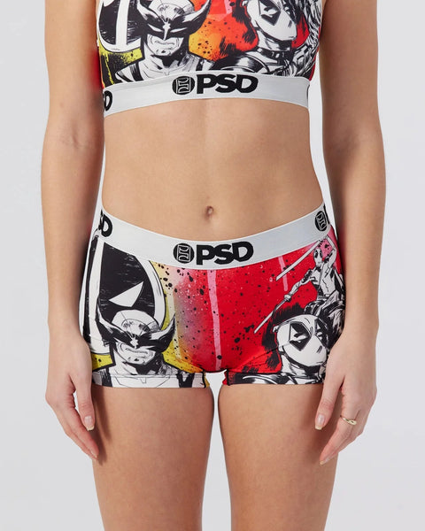 PSD brand women's underwear and crop top set featuring Deadpool and Wolverine comic book characters in red, black, and yellow