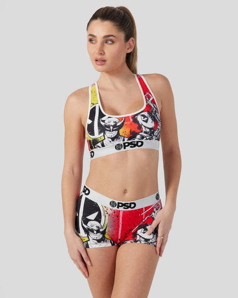 Women's sports bra and boy shorts set with Deadpool and Wolverine comic book characters, red and yellow color blocking, and P
