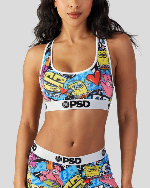 Woman wearing SpongeBob SquarePants themed sports bra and underwear set with colorful character print and white PSD waistband