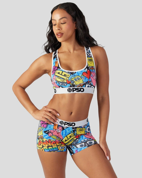Woman wearing SpongeBob SquarePants character print sports bra and shorts set with PSD branding.
