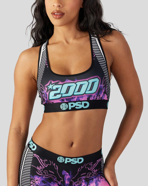 Black and neon purple sports bra with 
