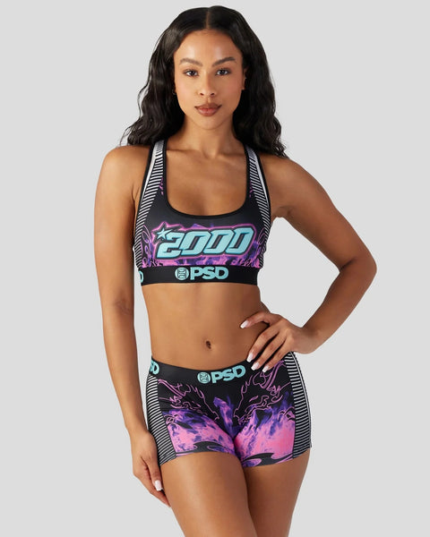 Black sports bra and shorts set with neon cyan 