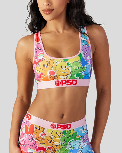 Care Bears sports bra with colorful rainbow bear characters and PSD waistband.