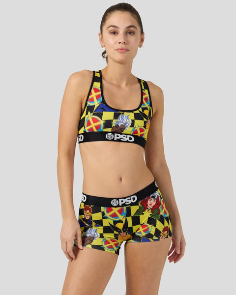 X-Men checkers patterned sports bra and shorts set with yellow, black, and colorful character designs.