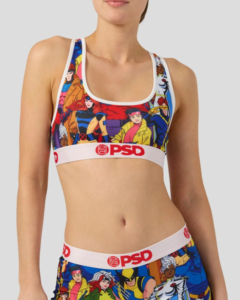 Racerback sports bra with colorful X-Men character print and white PSD waistband.
