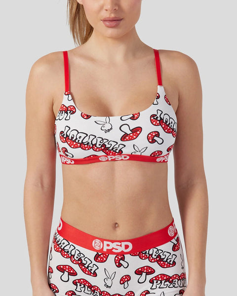 White bralette with red mushroom and Playboy bunny print, red straps, and red PSD waistband.