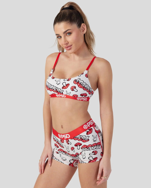Red and white Playboy mushroom print bra and shorts set with red straps and waistband.