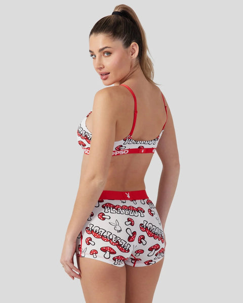 Red and white modal two-piece set with Playboy branding and mushroom print throughout.
