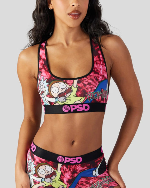 Women's sports bra with Rick and Morty cartoon characters and pink tie-dye pattern, PSD branded elastic band.